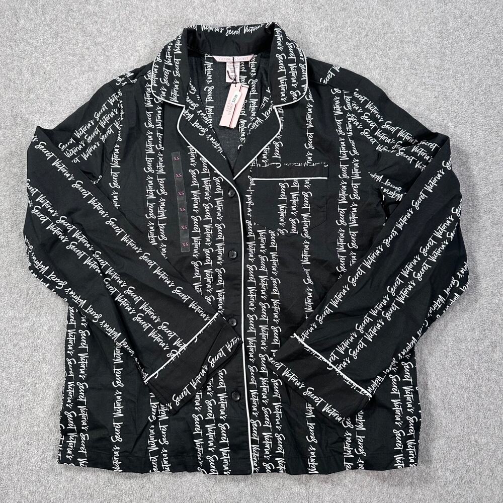 Victoria's Secret Button Up Pajama Top Women's X-Small Black/White Script New